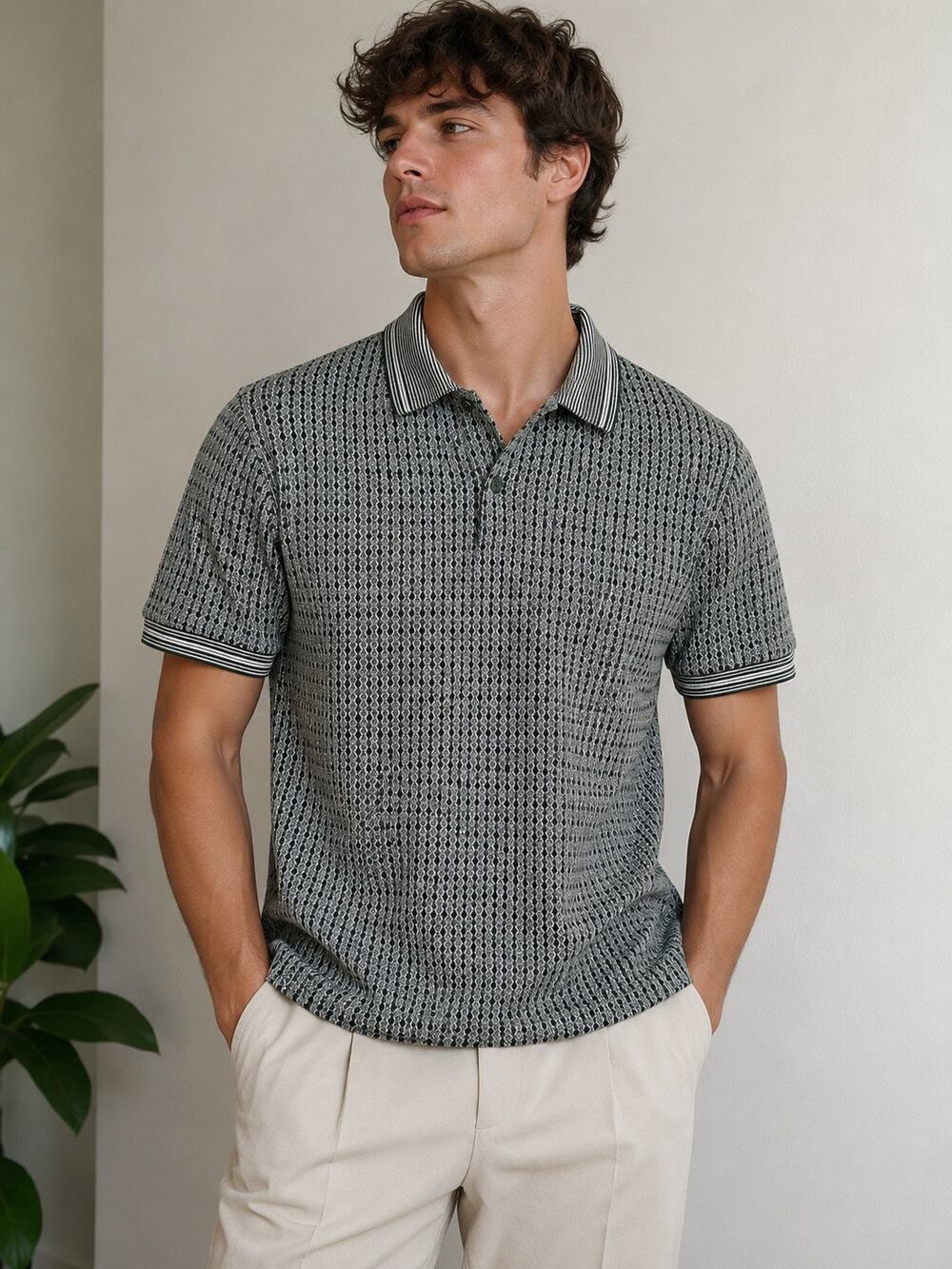 Knightsbridge Vintage Gray Patterned Knit Polo Shirt XL Retro 90s Dadcore Golf